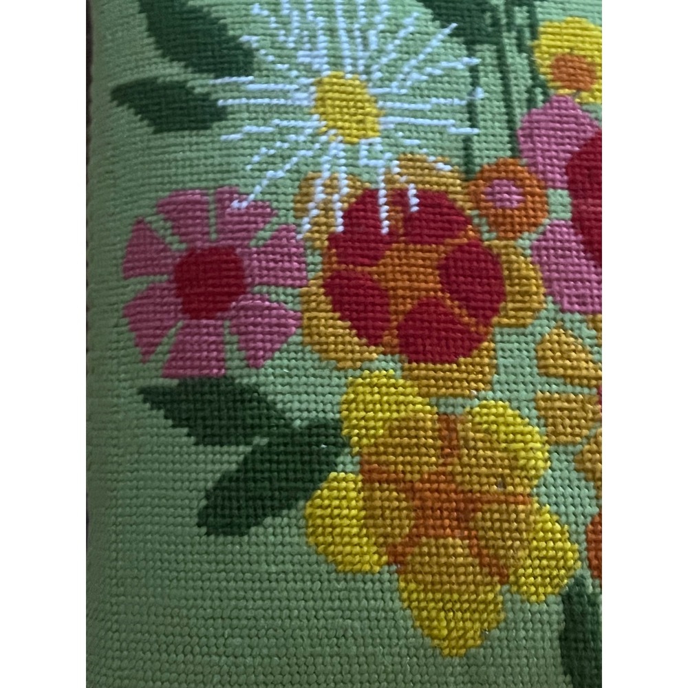 Vintage Needlepoint Footstool Floral Wood Cabriole Legs Queen Anne Green Brown - Picture 6 of 11
